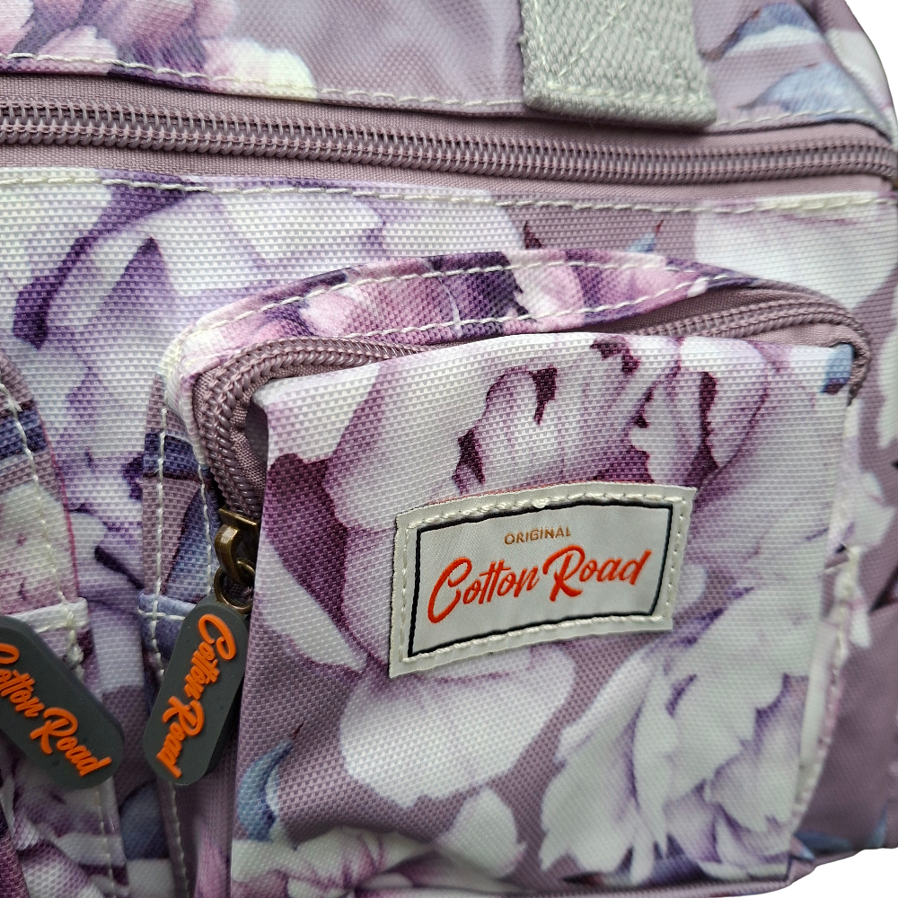 Cotton Road Handbag: PURPLE PVC with FLORAL Print DETAILING