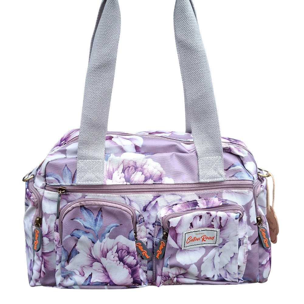 Cotton Road Handbag: PURPLE PVC with FLORAL Print FRONT