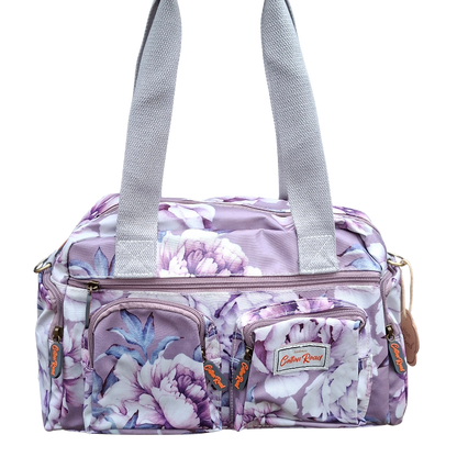 Cotton Road Handbag: PURPLE PVC with FLORAL Print FRONT