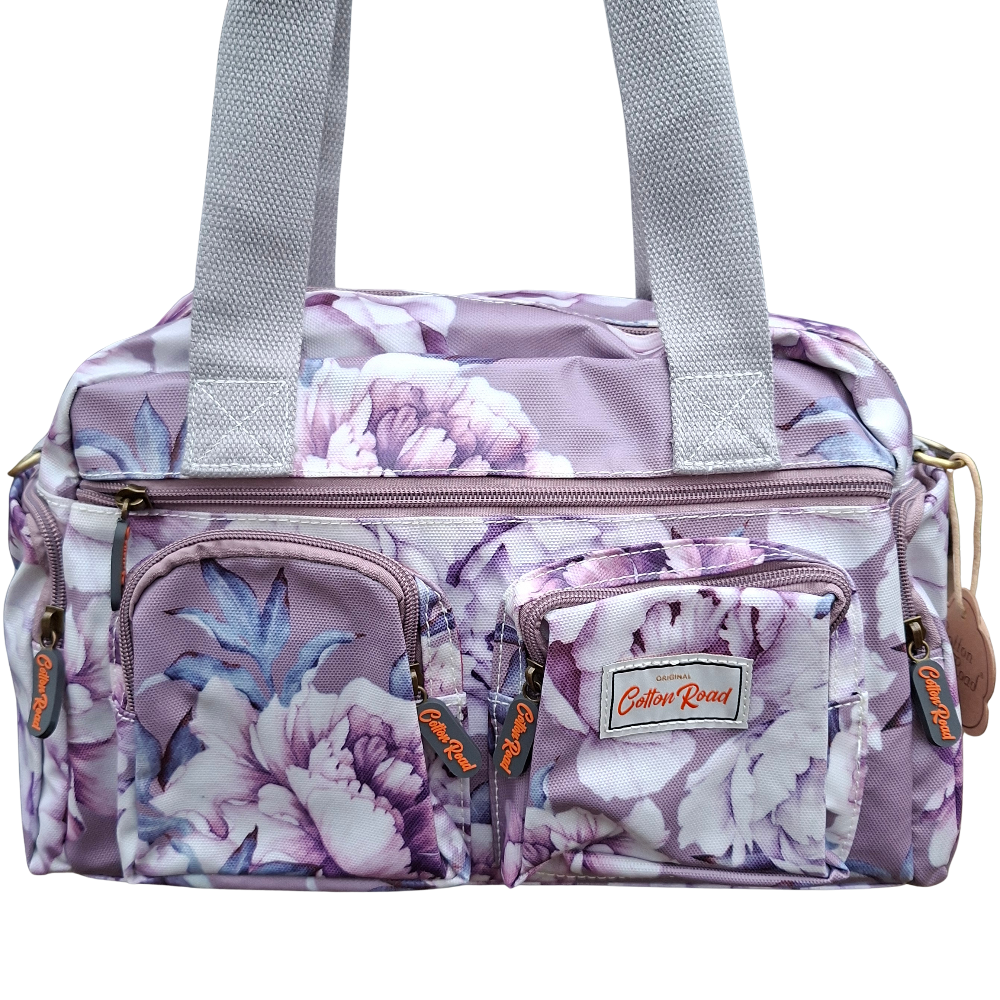 Cotton Road Handbag: PURPLE PVC with FLORAL Print FRONT VIEW