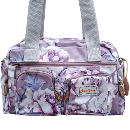 Cotton Road Handbag: PURPLE PVC with FLORAL Print FRONT VIEW