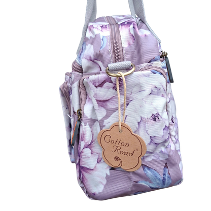 Cotton Road Handbag: PURPLE PVC with FLORAL Print SIDE VIEW