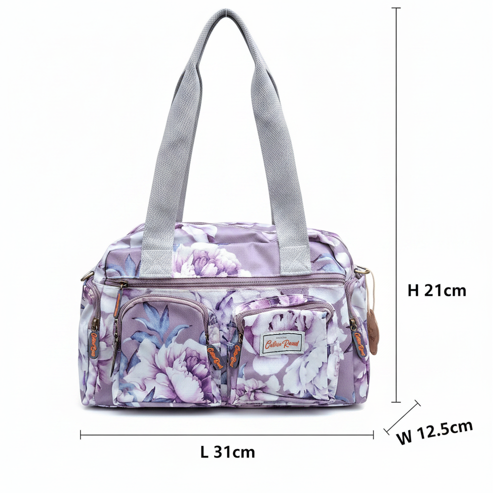 Cotton Road Handbag: PURPLE PVC with FLORAL Print SIZE