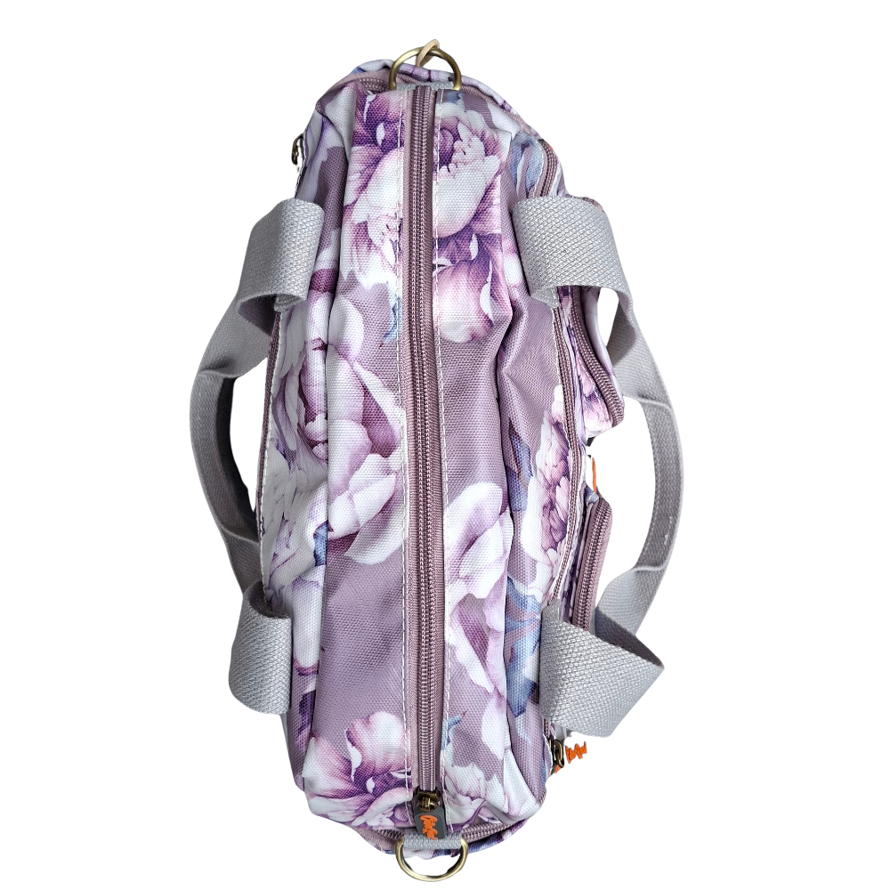 Cotton Road Handbag: PURPLE PVC with FLORAL Print TOP VIEW