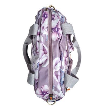 Cotton Road Handbag: PURPLE PVC with FLORAL Print TOP VIEW