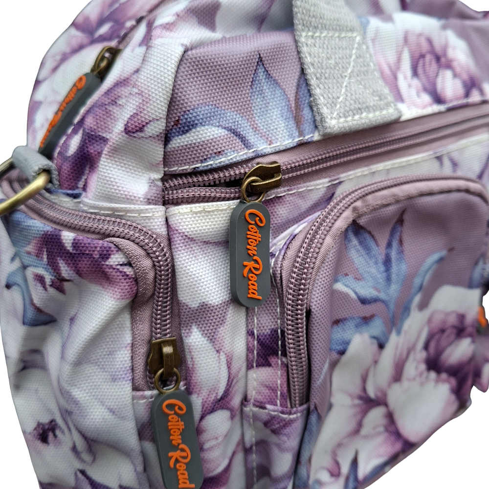 Cotton Road Handbag: PURPLE PVC with FLORAL Print ZOOM