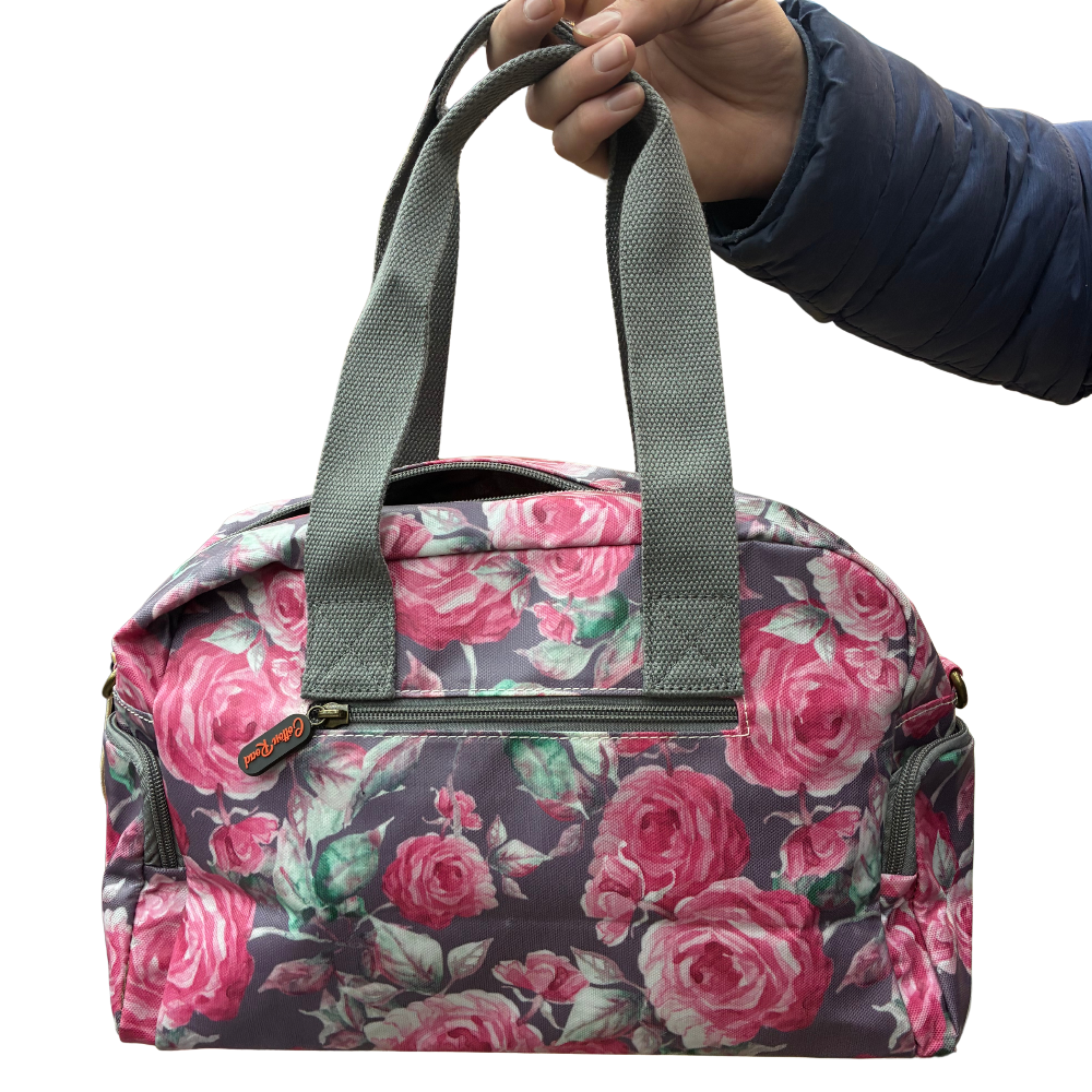 Cotton Road Handbag: Purple PVC with pink roses Print BACK