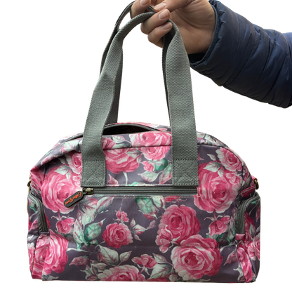 Cotton Road Handbag: Purple PVC with pink roses Print BACK