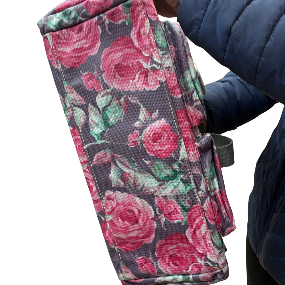 Cotton Road Handbag: Purple PVC with pink roses Print BOTTOM VIEW