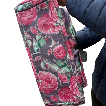 Cotton Road Handbag: Purple PVC with pink roses Print BOTTOM VIEW