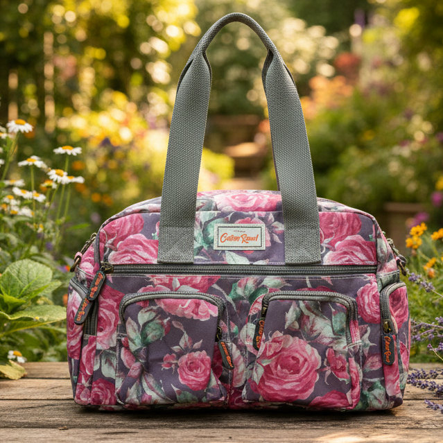 Cotton Road Handbag: Purple PVC with pink roses Print HERO