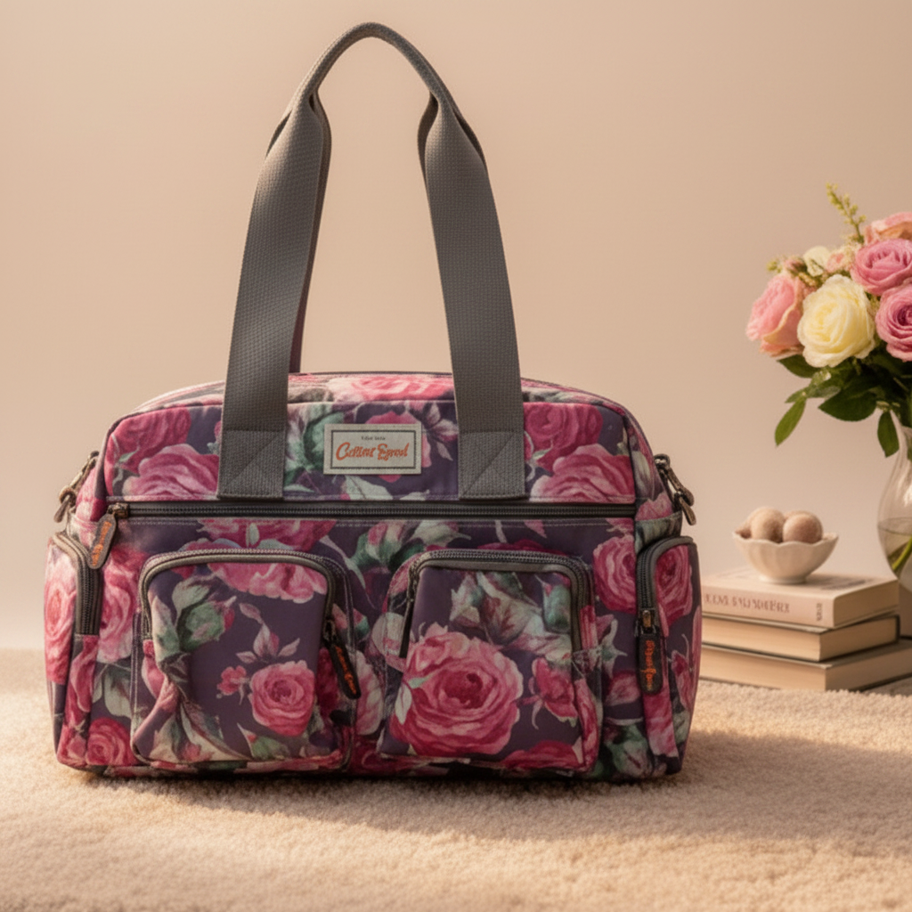 Cotton Road Handbag: Purple PVC with pink roses Print HERO VIEW