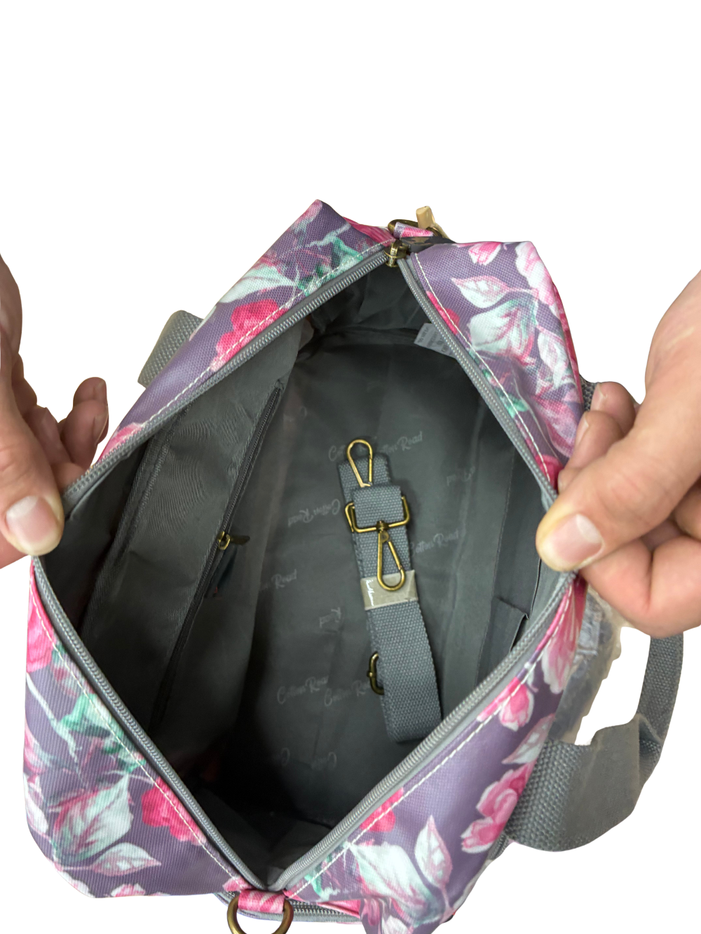 Cotton Road Handbag: Purple PVC with pink roses Print INNER VIEW