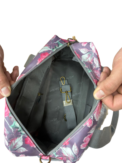 Cotton Road Handbag: Purple PVC with pink roses Print INNER VIEW