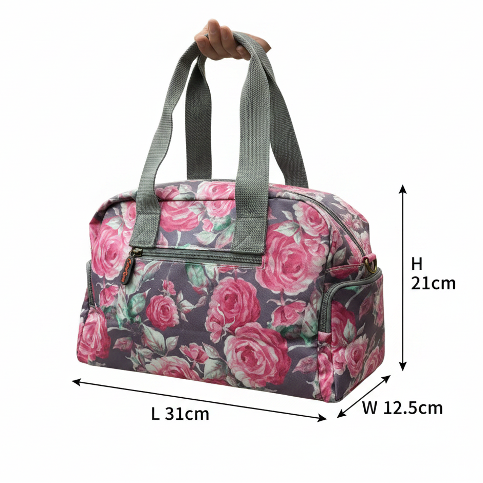 Cotton Road Handbag: Purple PVC with pink roses Print SIZE