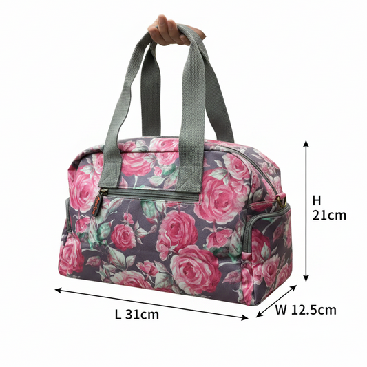 Cotton Road Handbag: Purple PVC with pink roses Print SIZE