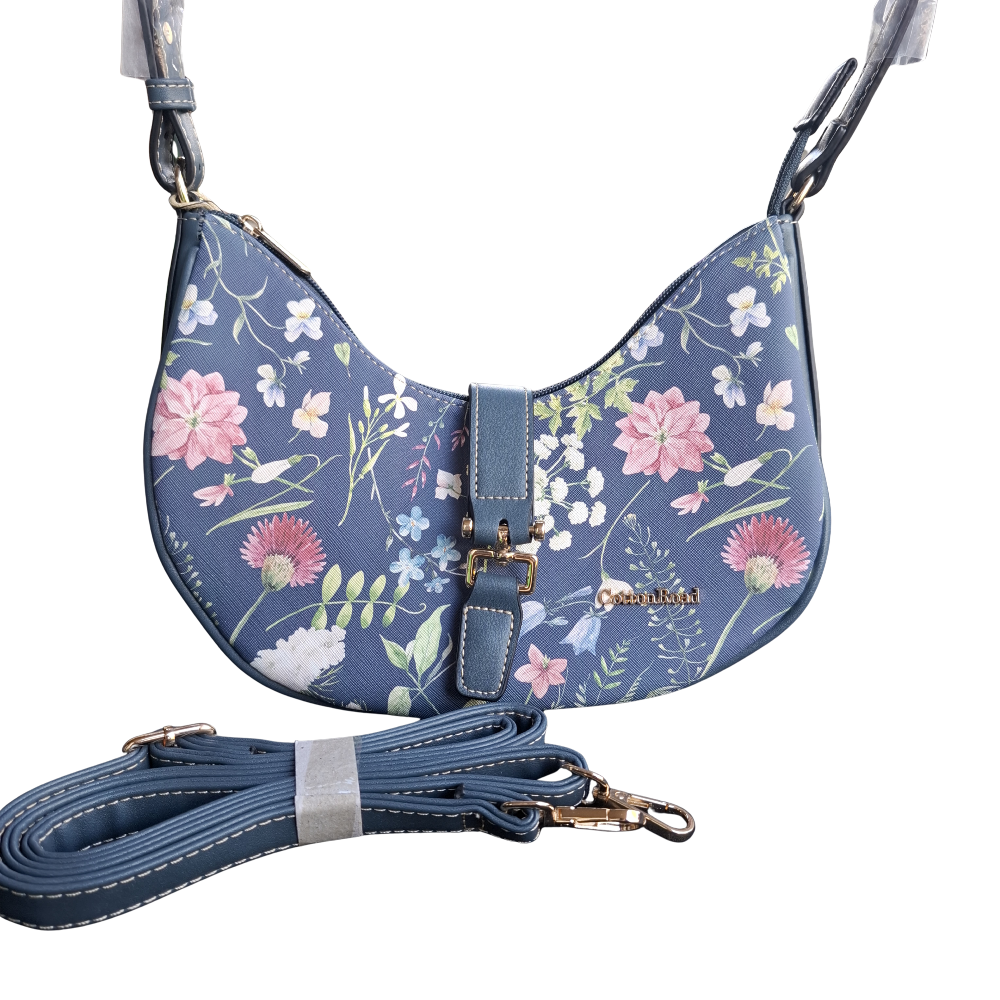 Cotton Road Handbag: Small BLUE Floral PU Leather with Adjustable strap