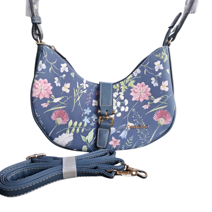 Cotton Road Handbag: Small BLUE Floral PU Leather with Adjustable strap