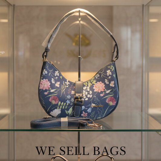 Cotton Road Handbag: Small BLUE Floral PU Leather with Adjustable strap
