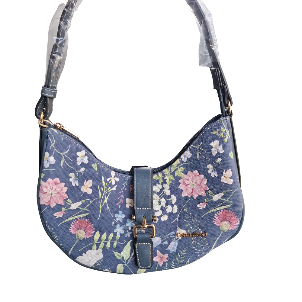 Cotton Road Handbag: Small BLUE Floral PU Leather with Adjustable strap FRONT
