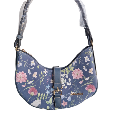 Cotton Road Handbag: Small BLUE Floral PU Leather with Adjustable strap FRONT