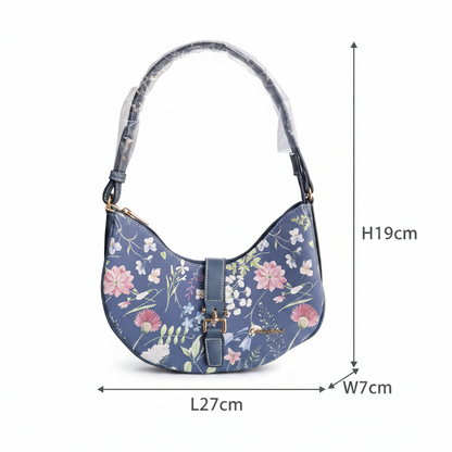 Cotton Road Handbag: Small BLUE Floral PU Leather with Adjustable strap SIZE