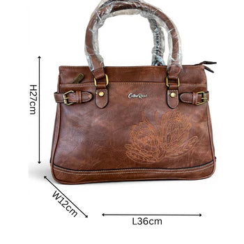 Cotton Road Handbag: Stylish BROWN PU Leather Bag with EMBROIDERED PROTEA Design SIZE
