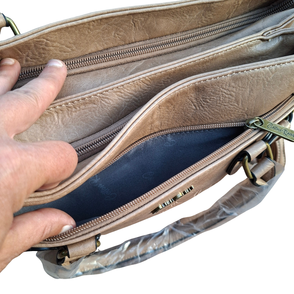 Cotton Road Handbag: Stylish KHAKI PU Leather Buckle Tote BAG - PROTEA Collection open pocket view