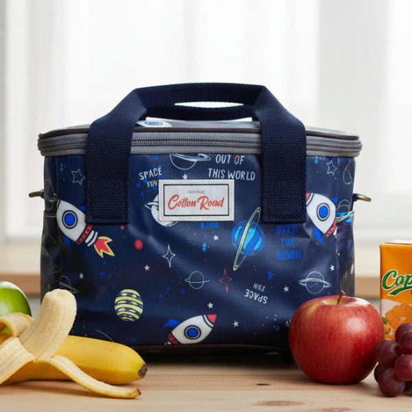 Cotton Road Kids Cooler Bag: DARK BLUE PVC Insulated Lunch Box with FUN SPACE THEME