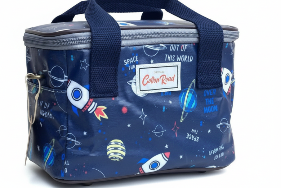 Cotton Road Kids Cooler Bag: DARK BLUE PVC Insulated Lunch Box with FUN SPACE THEME FRONT
