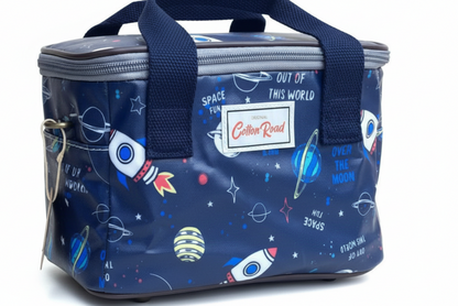 Cotton Road Kids Cooler Bag: DARK BLUE PVC Insulated Lunch Box with FUN SPACE THEME FRONT