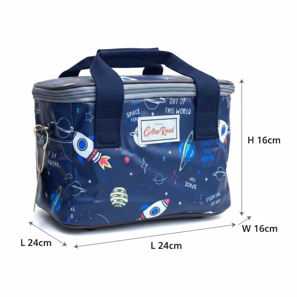 Cotton Road Kids Cooler Bag: DARK BLUE PVC Insulated Lunch Box with FUN SPACE THEME SIZE