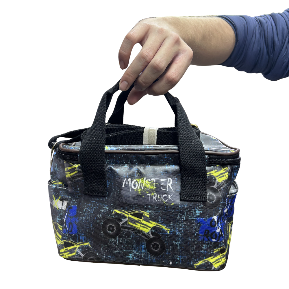Cotton Road Kids Cooler Bag: DARK BLUE PVC Insulated Lunch Box with MONSTER TRUCK THEME BACK