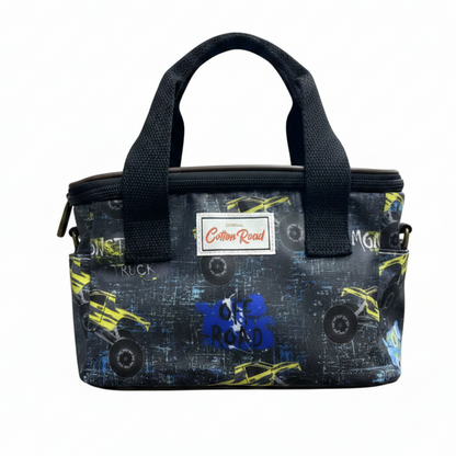 Cotton Road Kids Cooler Bag: DARK BLUE PVC Insulated Lunch Box with MONSTER TRUCK THEME FRONT