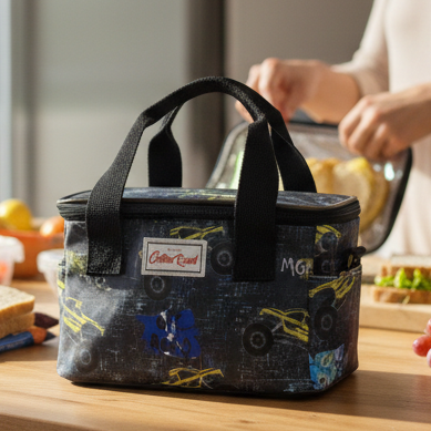 Cotton Road Kids Cooler Bag: DARK BLUE PVC Insulated Lunch Box with MONSTER TRUCK THEME LIFESTYLE