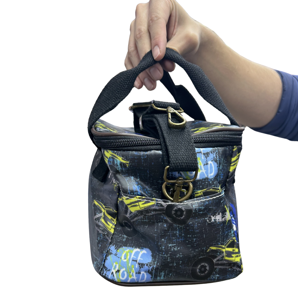 Cotton Road Kids Cooler Bag: DARK BLUE PVC Insulated Lunch Box with MONSTER TRUCK THEME SIDE
