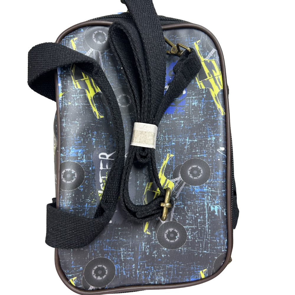 Cotton Road Kids Cooler Bag: DARK BLUE PVC Insulated Lunch Box with MONSTER TRUCK THEME TOP