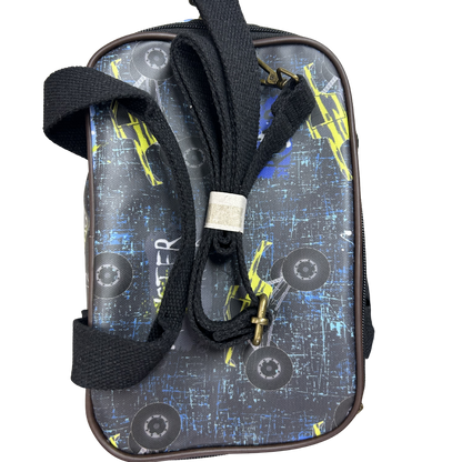 Cotton Road Kids Cooler Bag: DARK BLUE PVC Insulated Lunch Box with MONSTER TRUCK THEME TOP