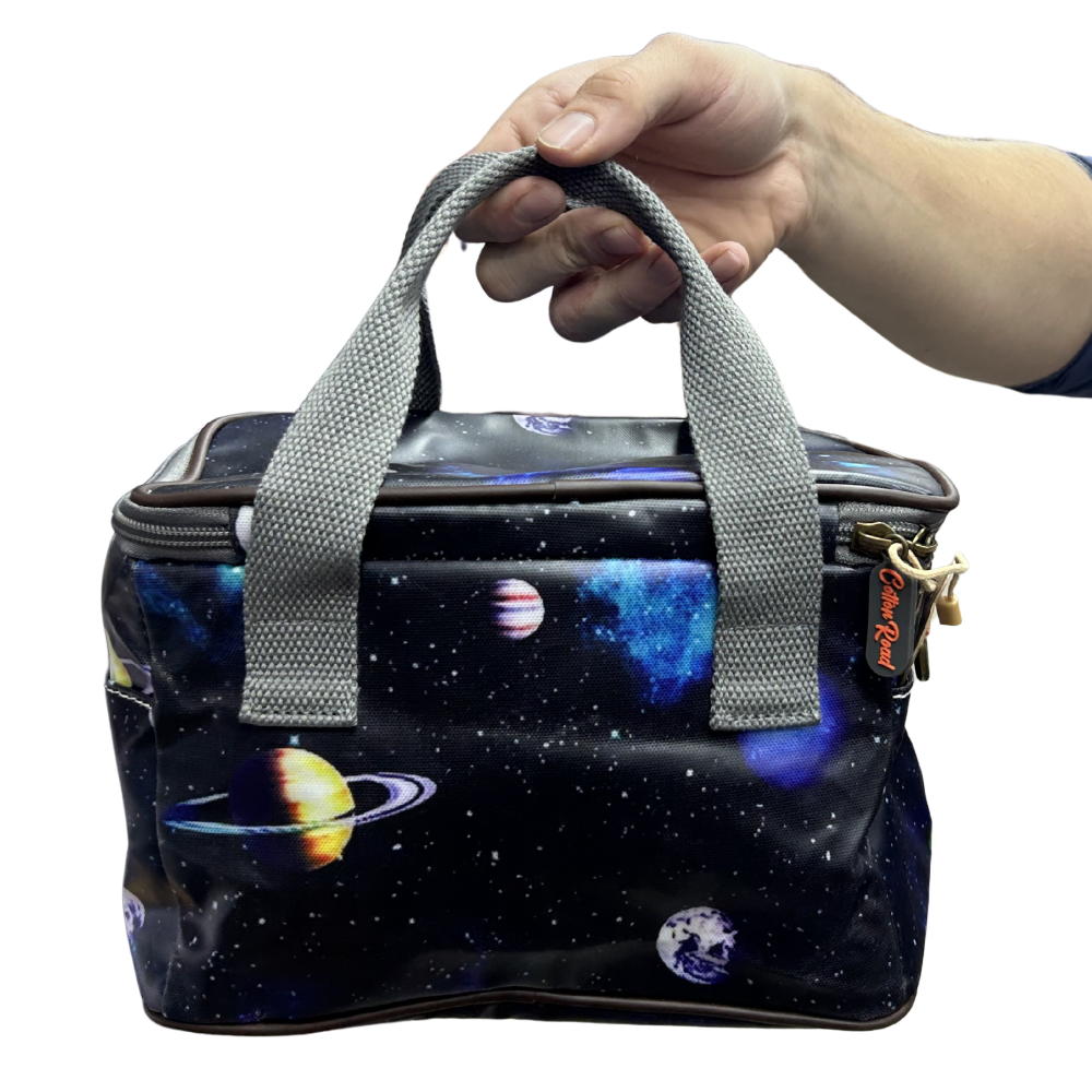 Cotton Road Kids Cooler Bag: DARK BLUE PVC Insulated Lunch Box with SPACE THEME BACK