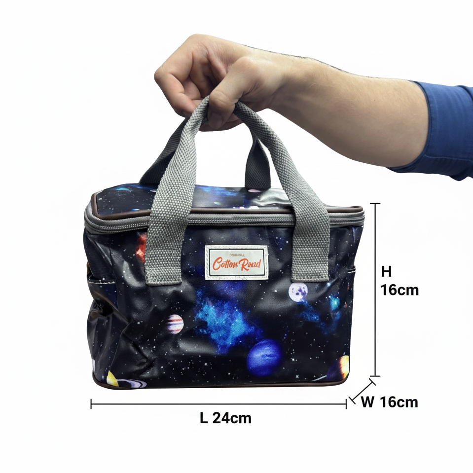 Cotton Road Kids Cooler Bag: DARK BLUE PVC Insulated Lunch Box with SPACE THEME SIZE