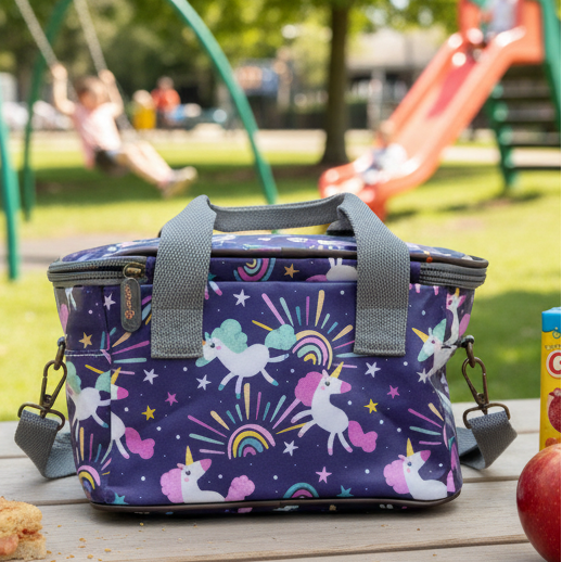 Cotton Road Kids Cooler Bag: PURPLE PVC Insulated Lunch Box with UNICORNS