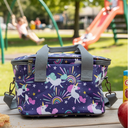 Cotton Road Kids Cooler Bag: PURPLE PVC Insulated Lunch Box with UNICORNS