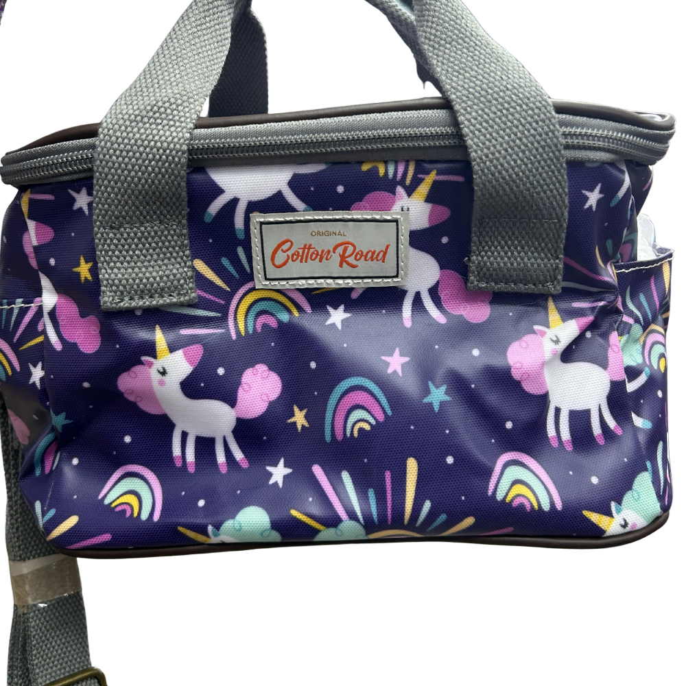 Cotton Road Kids Cooler Bag: PURPLE PVC Insulated Lunch Box with UNICORNS FRONT