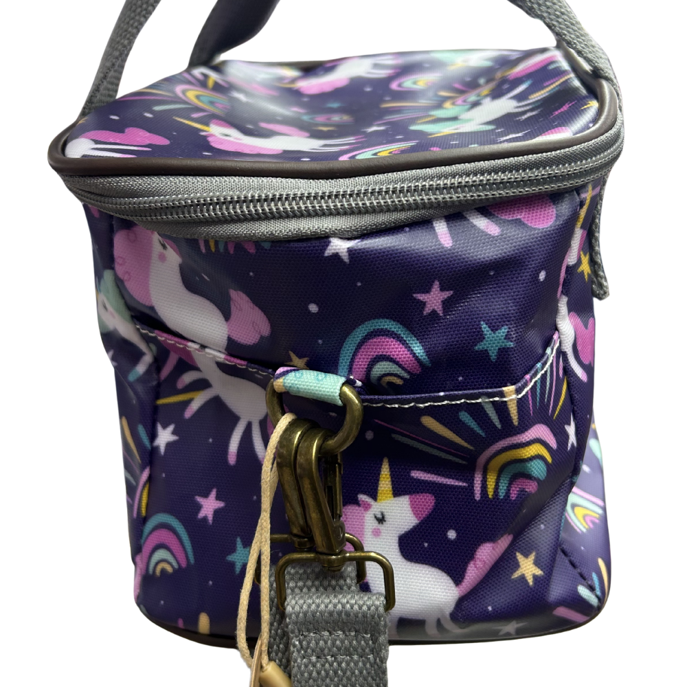 Cotton Road Kids Cooler Bag: PURPLE PVC Insulated Lunch Box with UNICORNS SIDE