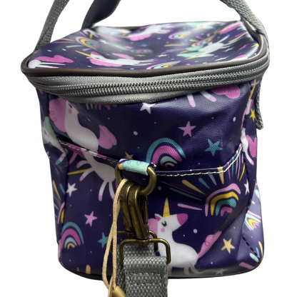 Cotton Road Kids Cooler Bag: PURPLE PVC Insulated Lunch Box with UNICORNS SIDE