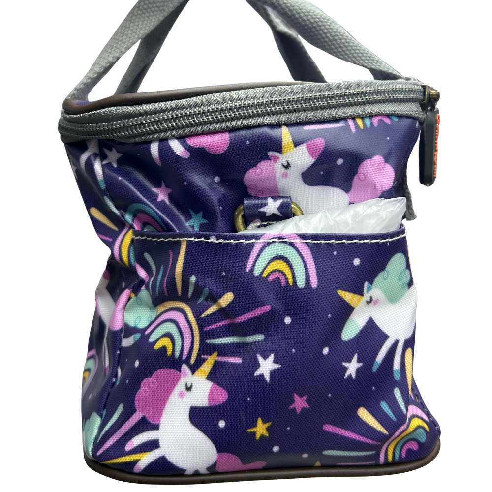 Cotton Road Kids Cooler Bag: PURPLE PVC Insulated Lunch Box with UNICORNS ZOOM