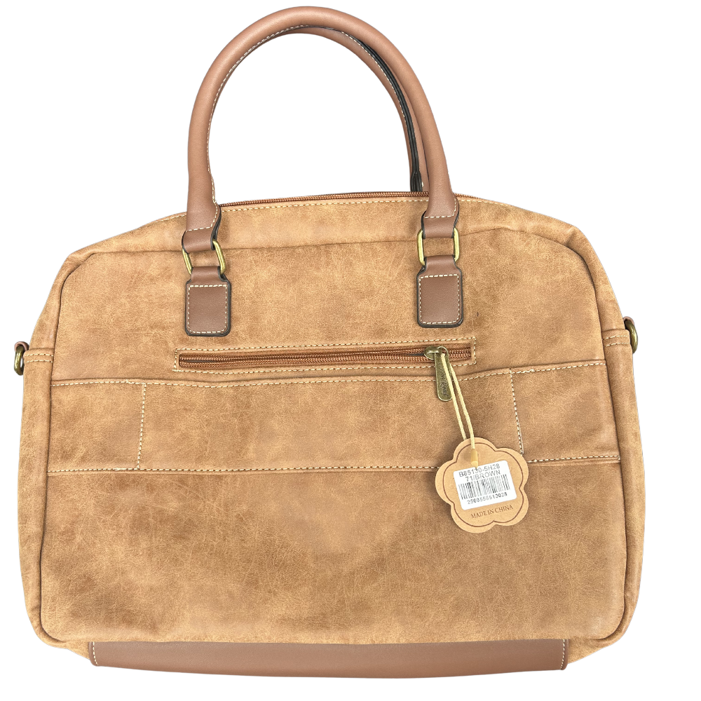 Cotton Road Laptop Bag: BROWN PU Leather Laptop Bag with Embossed Protea back