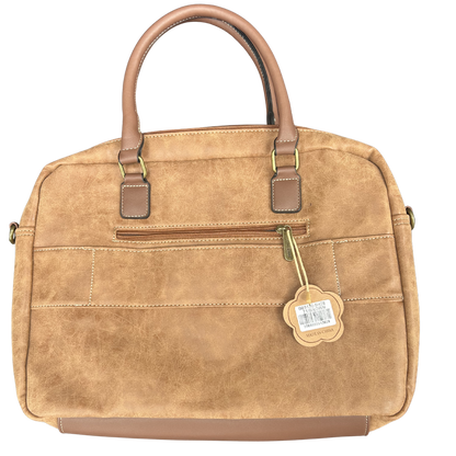 Cotton Road Laptop Bag: BROWN PU Leather Laptop Bag with Embossed Protea back