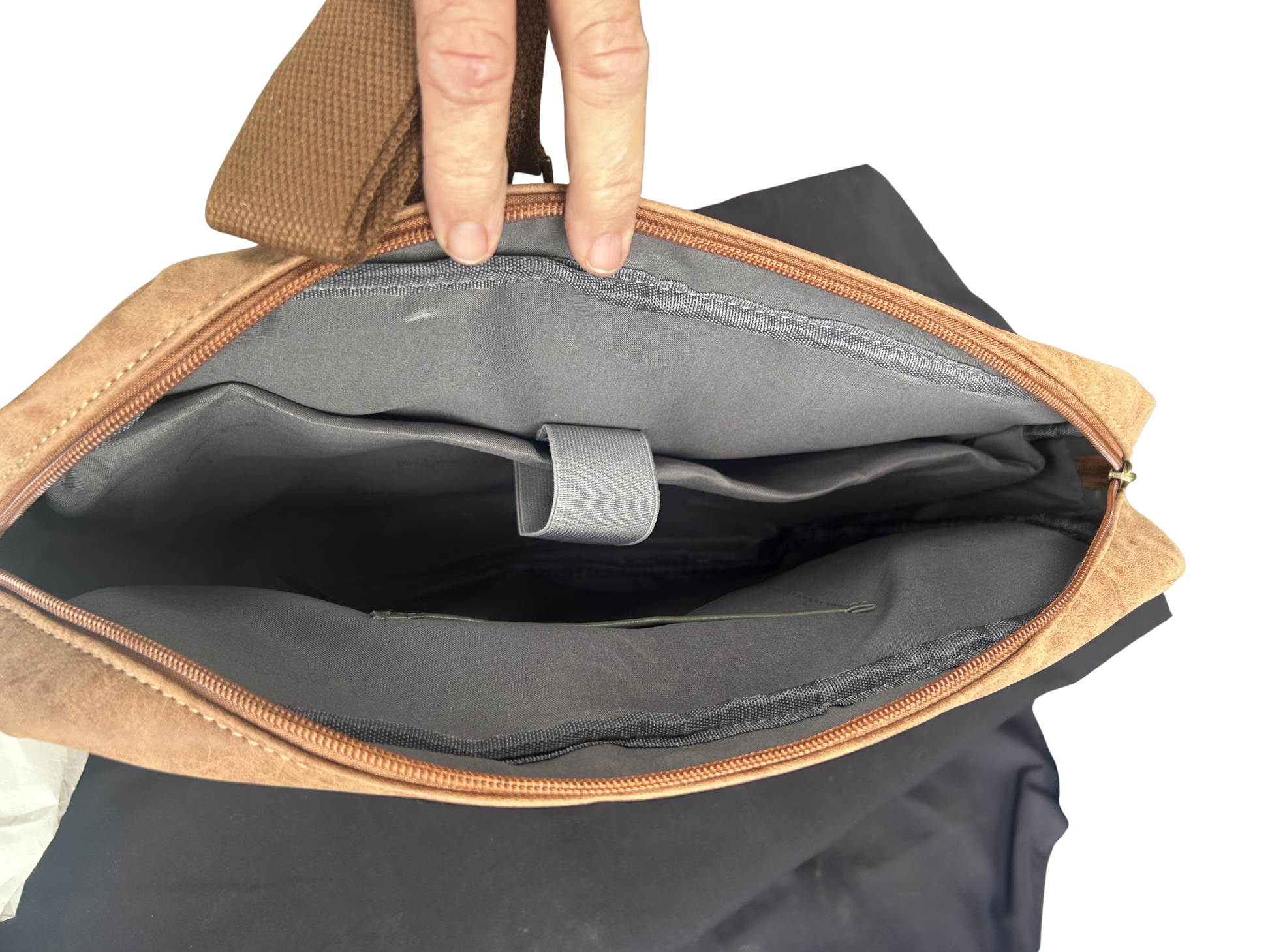Cotton Road Laptop Bag: BROWN PU Leather Laptop Bag with Embossed Protea open