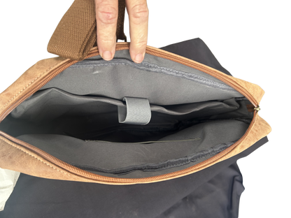 Cotton Road Laptop Bag: BROWN PU Leather Laptop Bag with Embossed Protea open